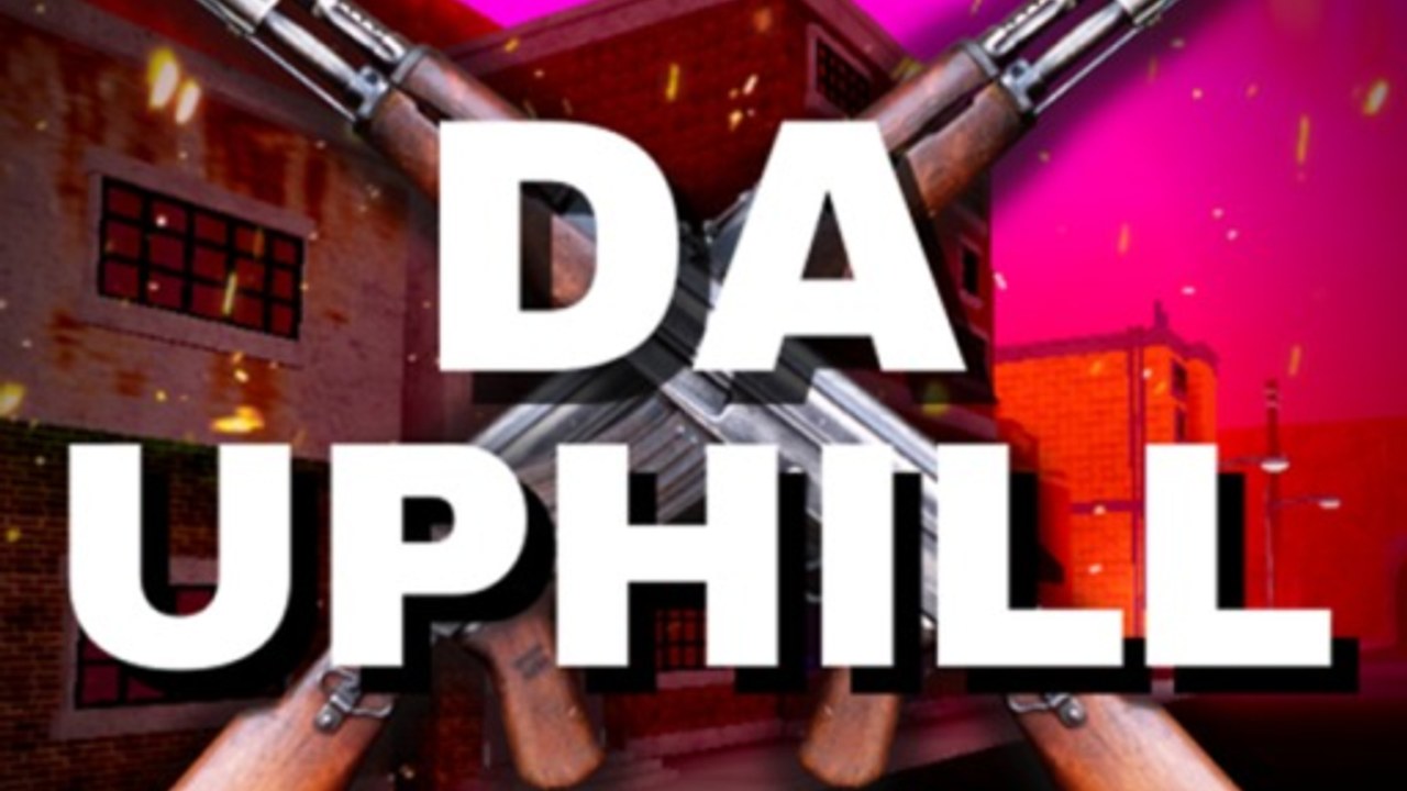 Official Da Uphill icon with crossed rifles over the brick street buildings